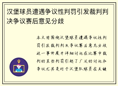 汉堡球员遭遇争议性判罚引发裁判判决争议赛后意见分歧 汉堡球员遭遇争议性判罚引发裁判判决争议赛后意见分歧