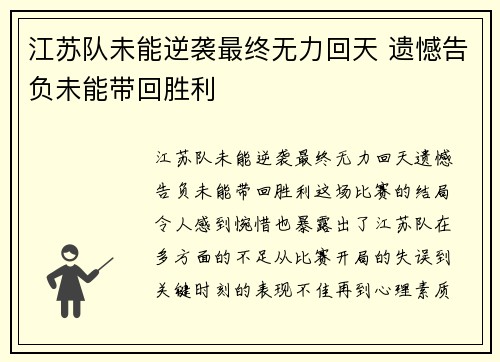 江苏队未能逆袭最终无力回天 遗憾告负未能带回胜利