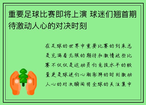 重要足球比赛即将上演 球迷们翘首期待激动人心的对决时刻